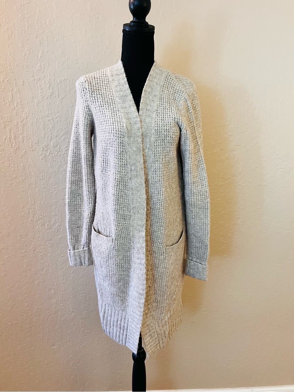 Open-Front Long Cream Knit Cardigan Sweater
